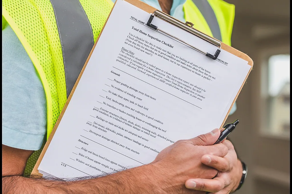 A safety professional in a hi-visibility vest completing a site inspection checklist on a clipboard.
